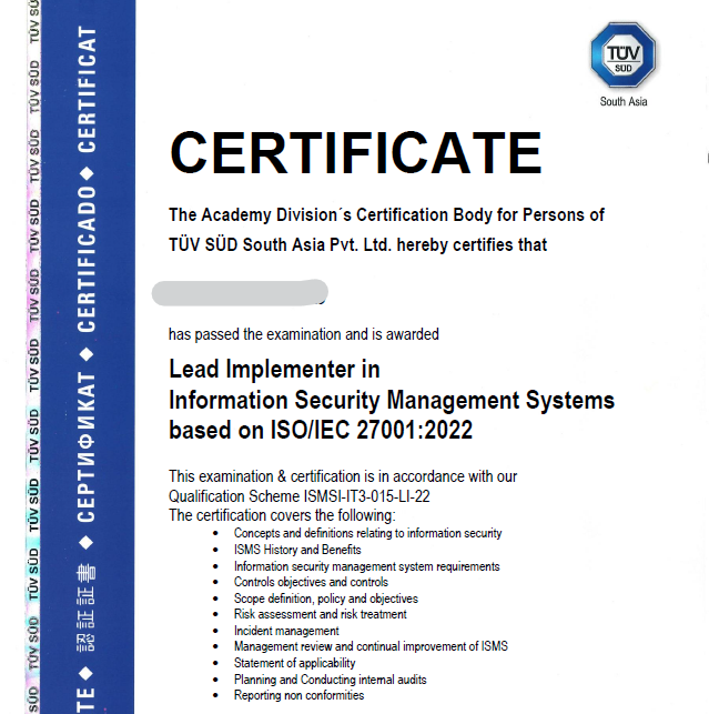 ISO 27001 Lead Implementer sample certificate