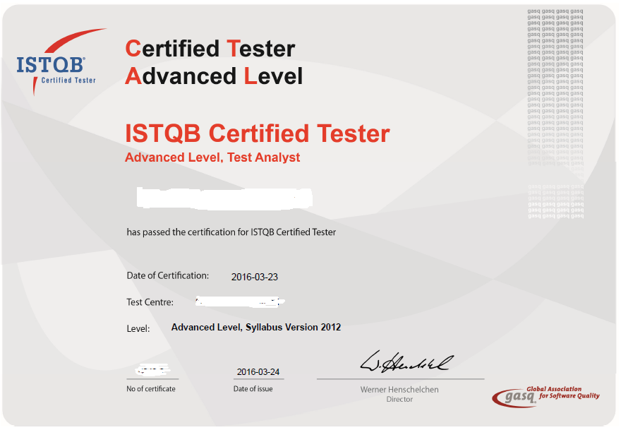 ISTQB Advanced Level Test Analyst sample certificate