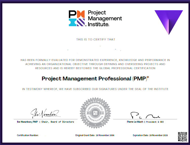 PMP Certification Course sample certificate