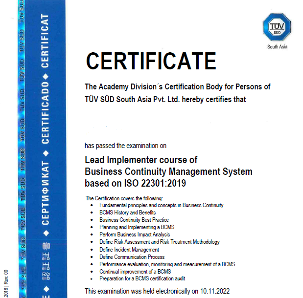 ISO 22301 Lead Implementer sample certificate