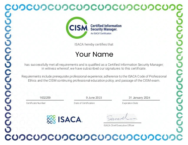 CISM Certification Course sample certificate